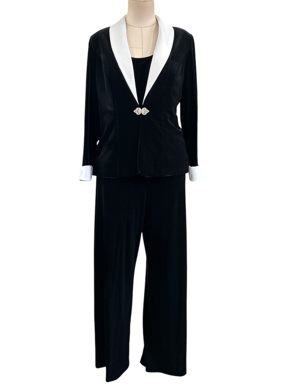 Alex Evenings velvet & satin 3-piece pantsuit black white size medium